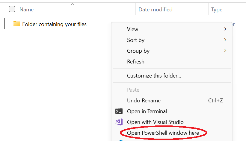 PowerShell menu showing Open PowerShell window here option